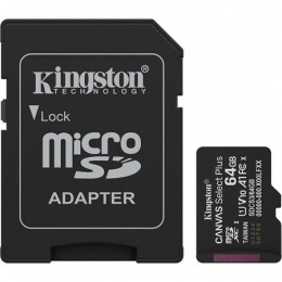 Memóriakártya, microSDXC, 64GB, C10/UHS-I/U1-U3/V10-V30/A1, Gen3, adapter, KINGSTON "Canvas Select Plus"