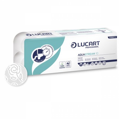Toalettpapír Lucart AQUASTREAM 10  2 rétegű, hófehér, 200 lap/tek,  10 tek/csomag, 12 csomag/zsák